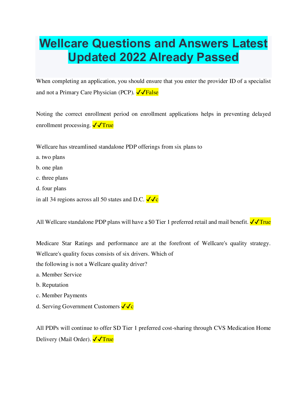 Preview image for Wellcare Questions and Answers Latest Updated 2022 Already Passed